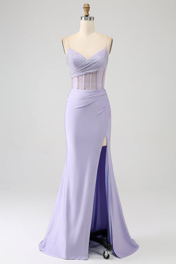 Glitter Lilla Corsetto Sirena Abito Lungo Ballo con Fessura